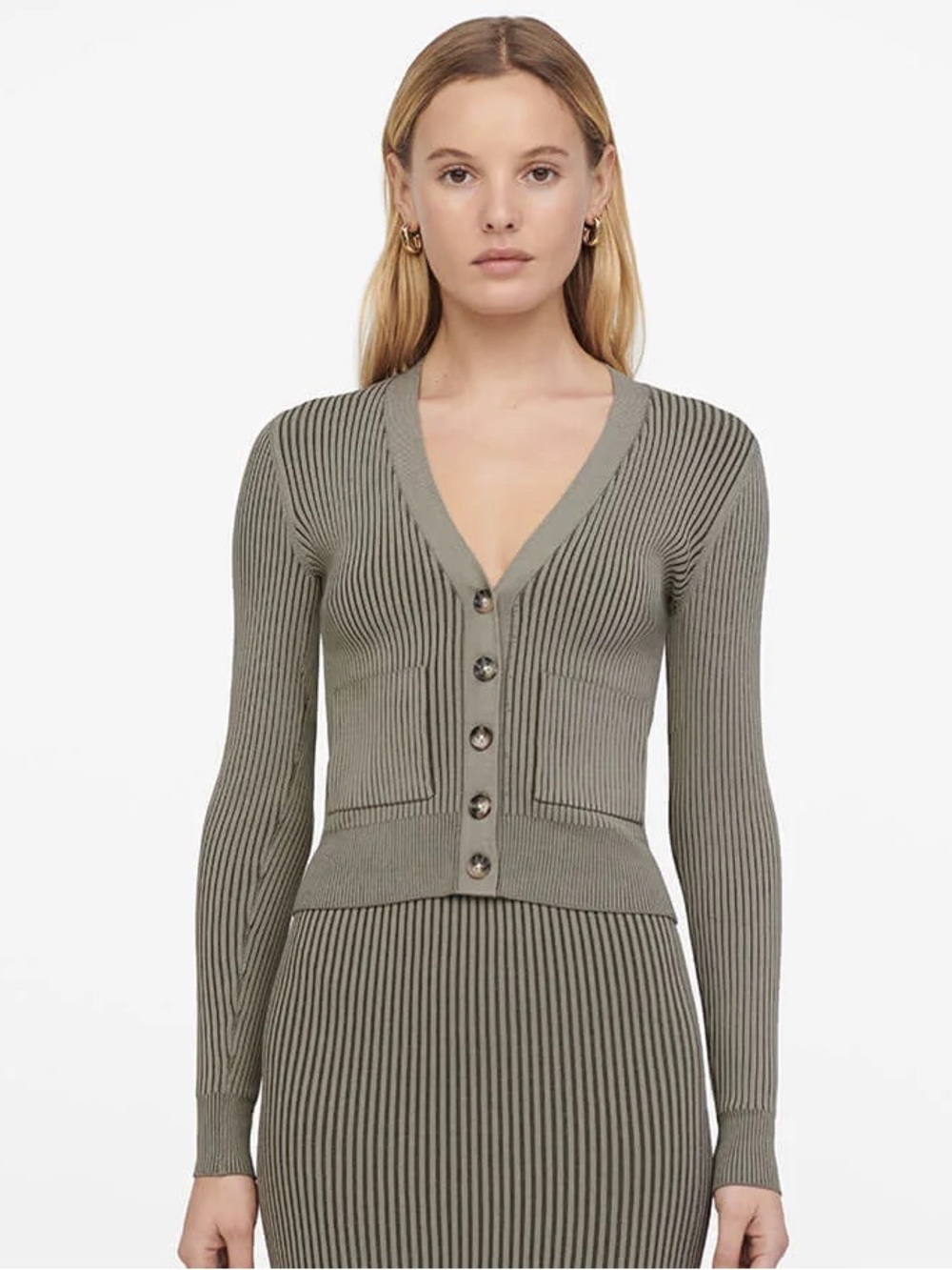 Anine Bing ‘Layla’ Ribbed V-Neck Cardigan - Green, Women’s Large